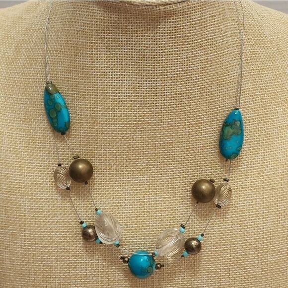 TRESKA Turquoise and Gold beaded multi strand illusion necklace new - Picture 1 of 7